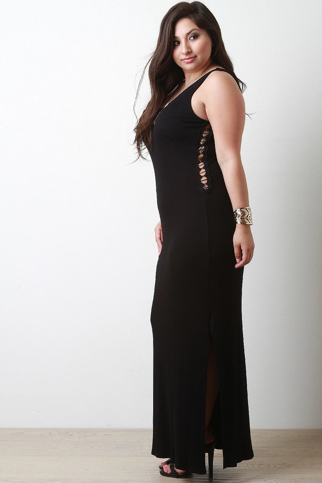 Lace Inset Side Slit Tank Maxi Dress