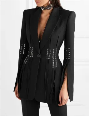 Ladies Lace-Up Design Black Blazer Coat Q2081