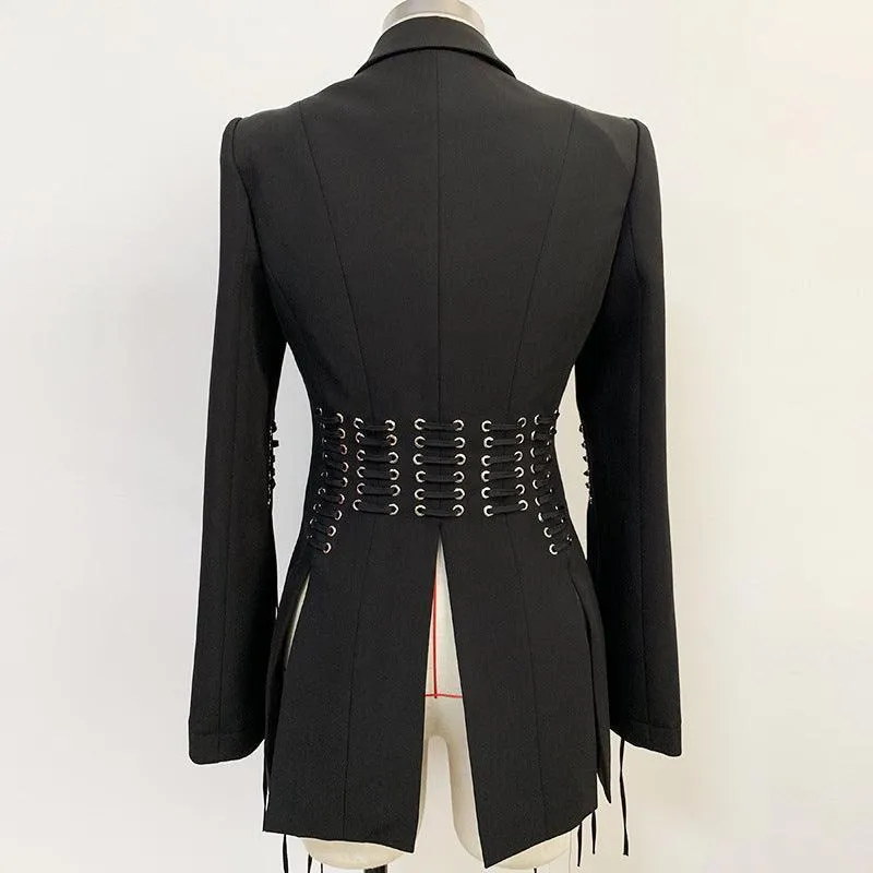 Ladies Lace-Up Design Black Blazer Coat Q2081