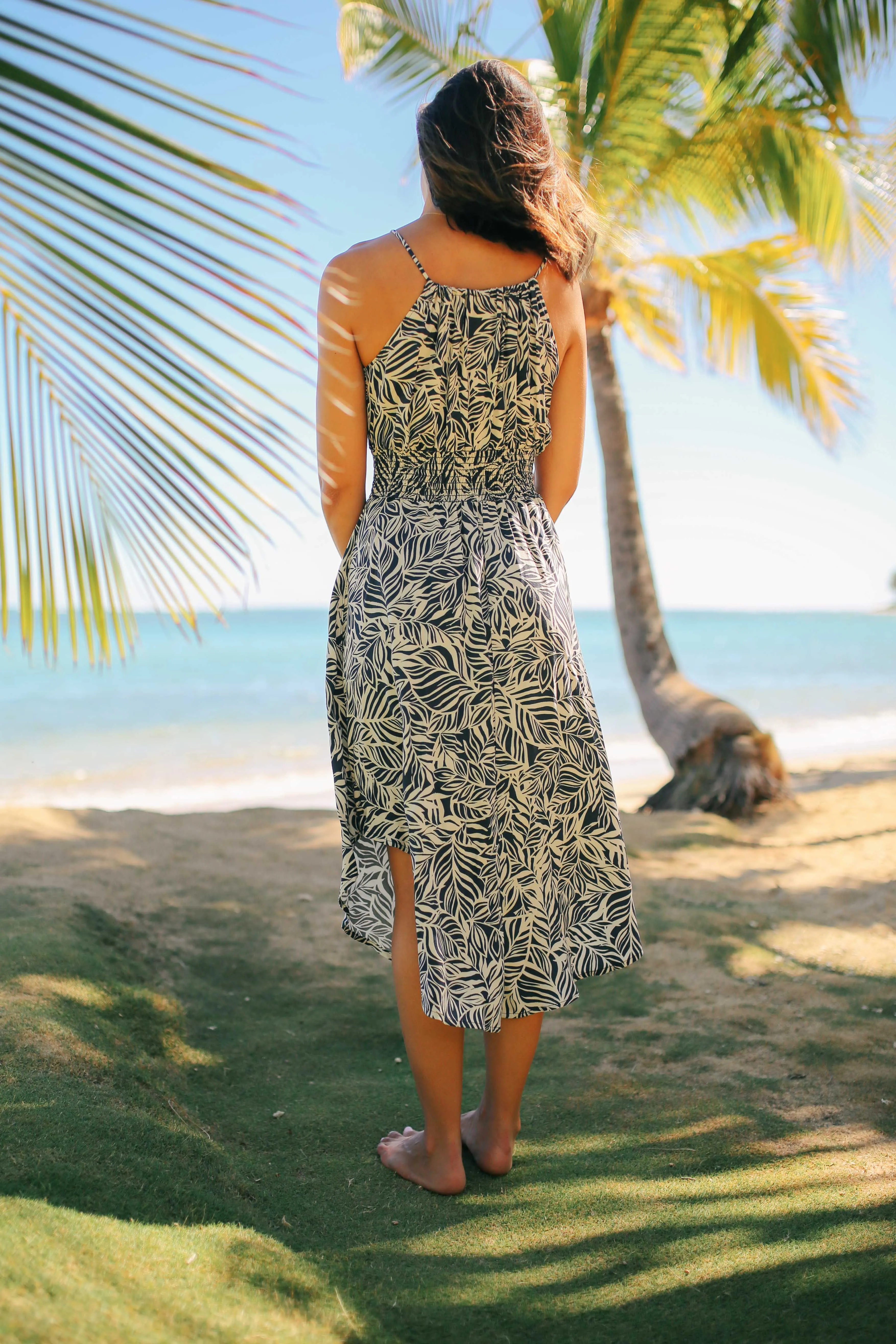 Leaf Print Halter Midi Dress