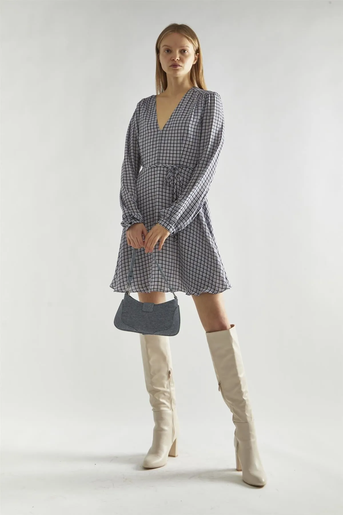 Light-Blue Check V-Neck Mini-Dress