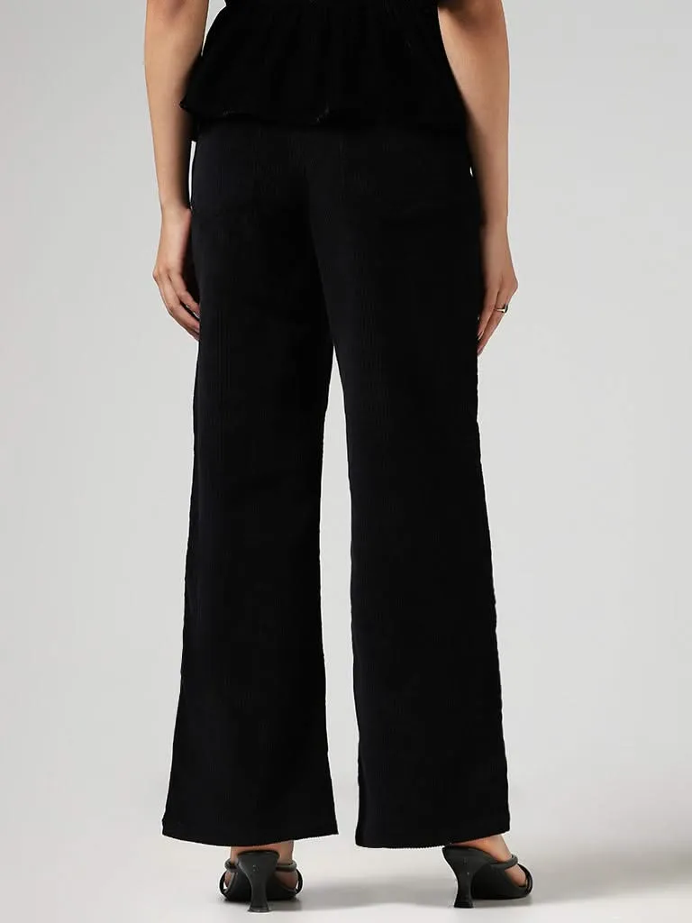 LOV Black Corduroy Wide-Leg Trousers