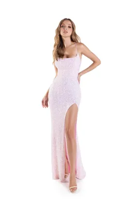 Lucci Lu 1243 Lilac Sequin Dress with Slit and Lace Up Back