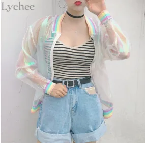 Lychee Harajuku Summer Women Jacket Laser Rainbow Symphony Hologram Women Coat Iridescent Transparent Bomber Jacket Sunproof