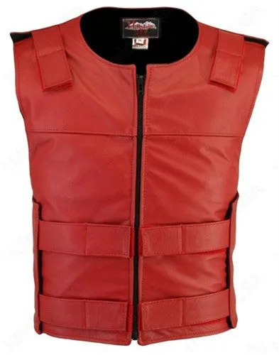 Made in USA Leather Bullet Proof Style Zippered Motorcycle Vest Red