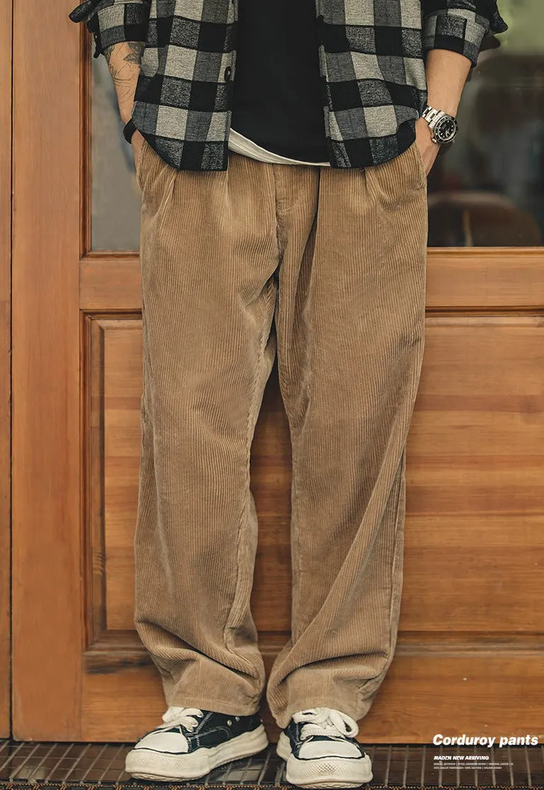 Maden Japanese Retro Loose Corduroy Pants Wide Leg Mid Waist Striped Velvet Straight Trousers Men's Winter Casual Cargo Pants