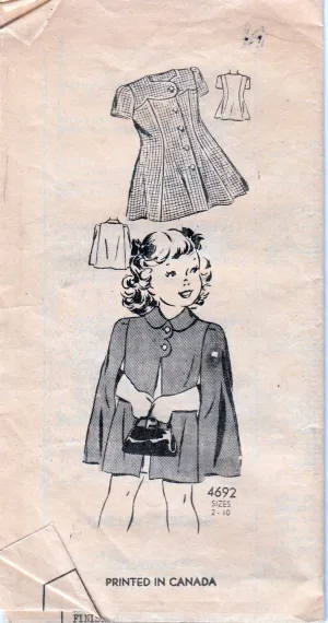 Mail Order 4692 Vintage 1940's Sewing Pattern Little Girls Dress Cape