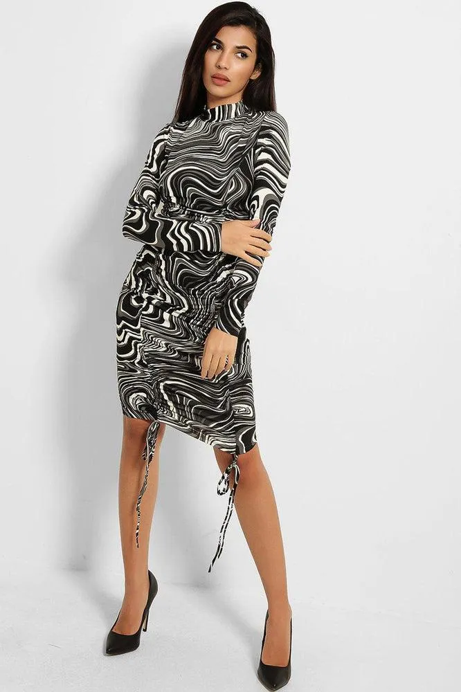 Marbling Print Drawstring Front Slinky Bodycon Dress