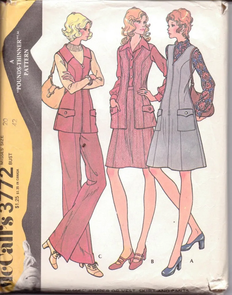 McCall's 3772 Ladies Jumper Dress Vest Skirt Pants Vintage 1970's Sewing Pattern