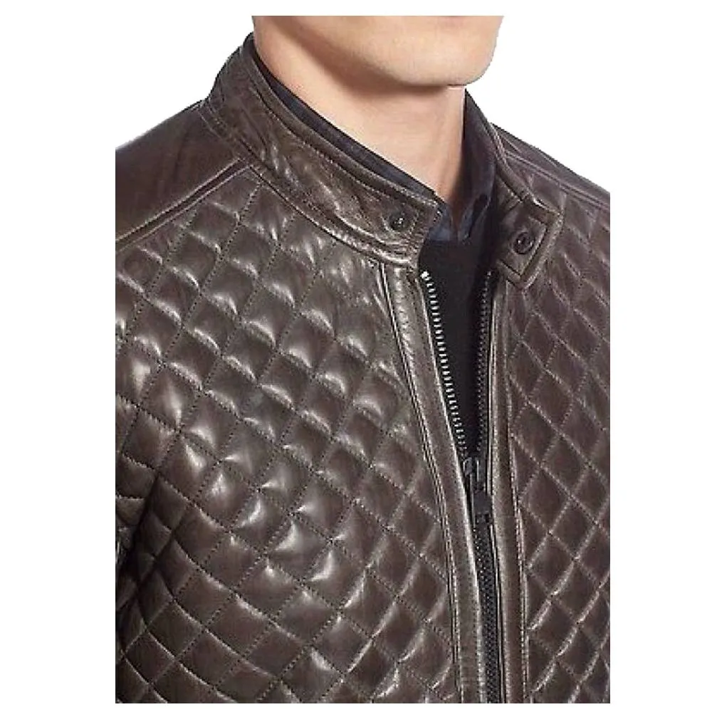 Men Cafe Racer Diamond Bomber Leather Jacket