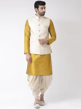 Men Cream Kurta Jacket Dhoti Set