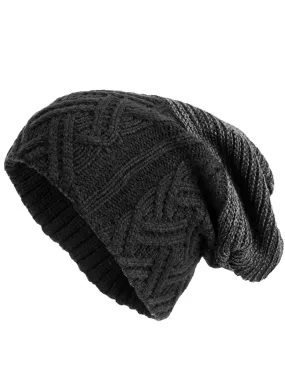 Mens Black Cable Knit Winter Slouchy Baggy Hat With Fur Lining