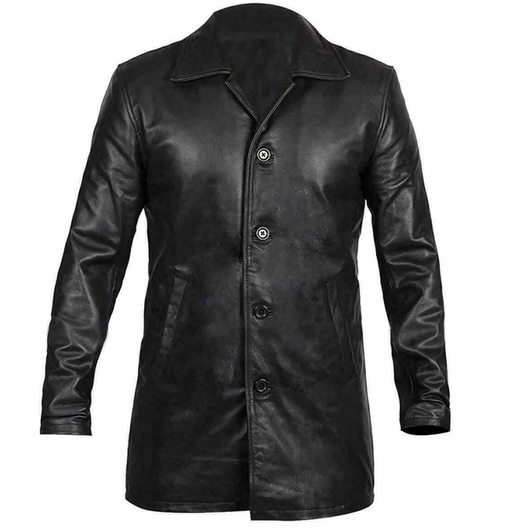 Men's Black Vintage Genuine Cowhide Plain Leather Blazer Jacket Coat Four Buttons Black Regular Fit Coat