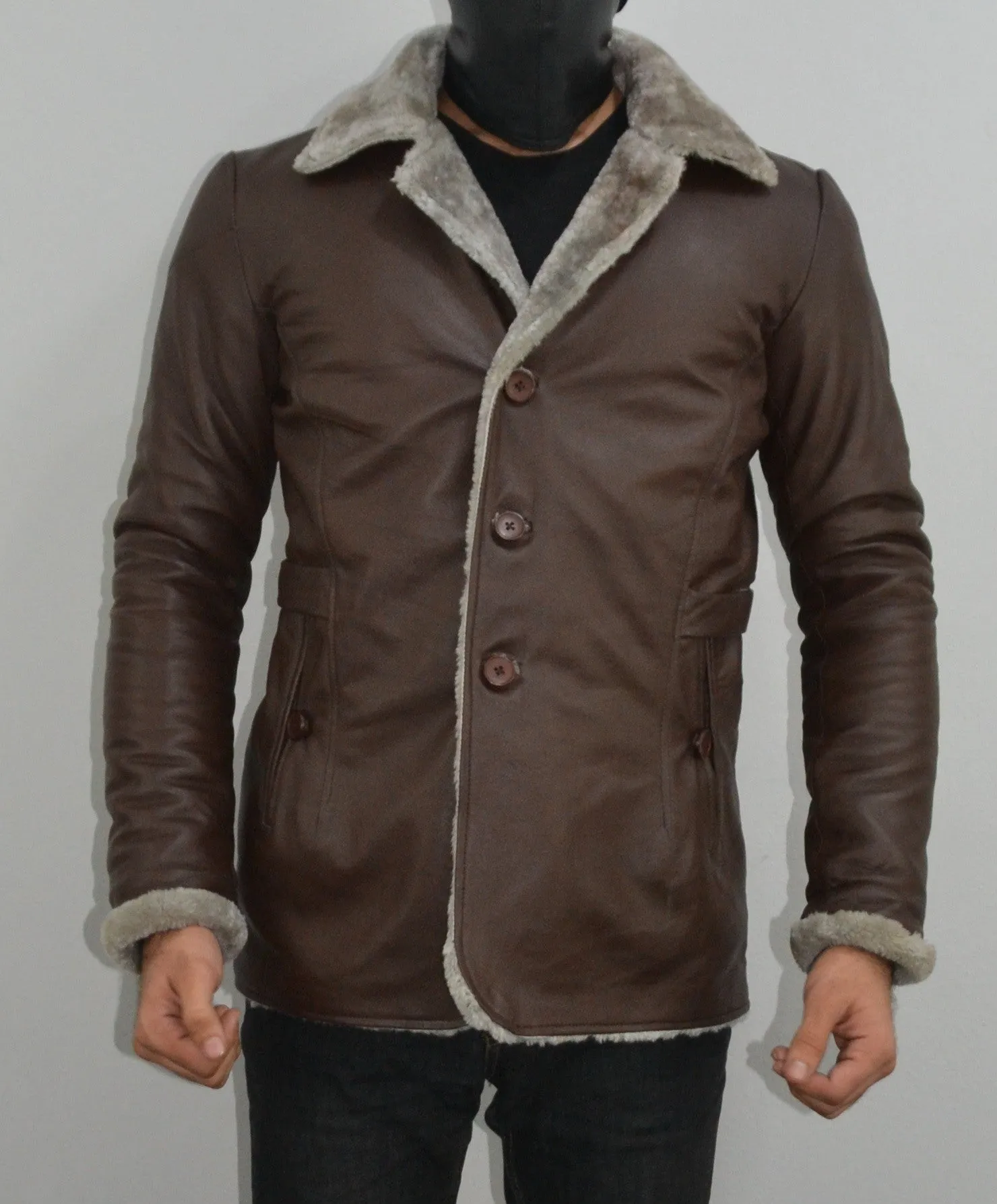 Men's Brown Fur Collar Slim Fit Leather Blazer Jacket