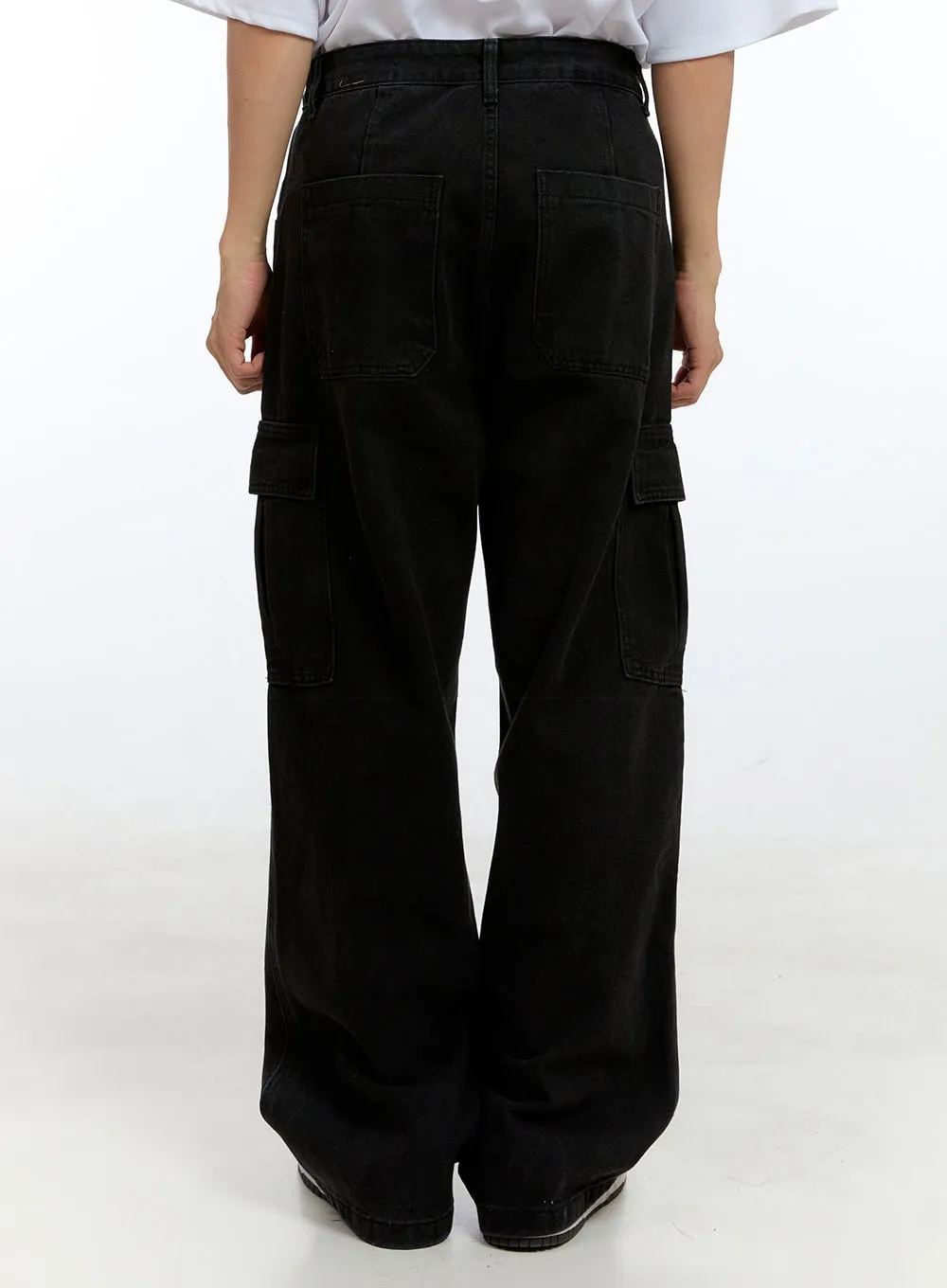 Men's Cargo Pocket Denim Wide-Leg Pants (Black) IG416