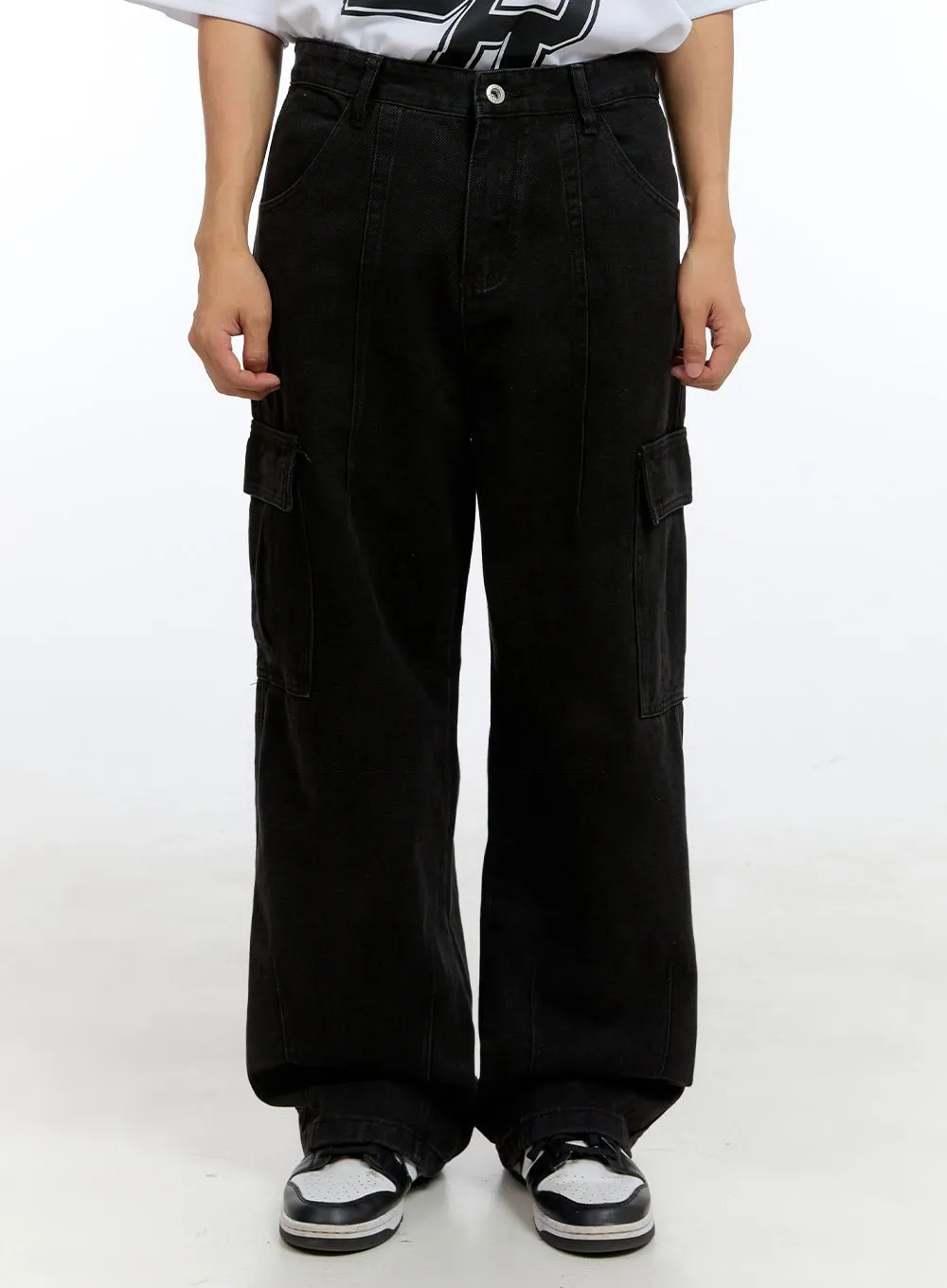 Men's Cargo Pocket Denim Wide-Leg Pants (Black) IG416