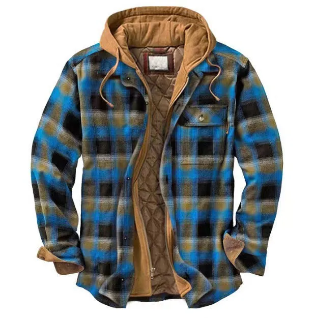 Men's Cotton Flannel Padded-lined Design Print Loose-fitting Long-sleeve Hoodie Coat