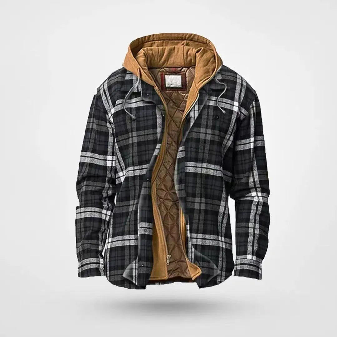 Men's Cotton Flannel Padded-lined Design Print Loose-fitting Long-sleeve Hoodie Coat