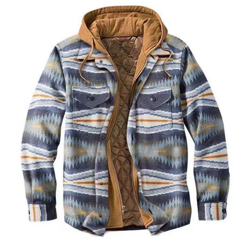 Men's Cotton Flannel Padded-lined Design Print Loose-fitting Long-sleeve Hoodie Coat