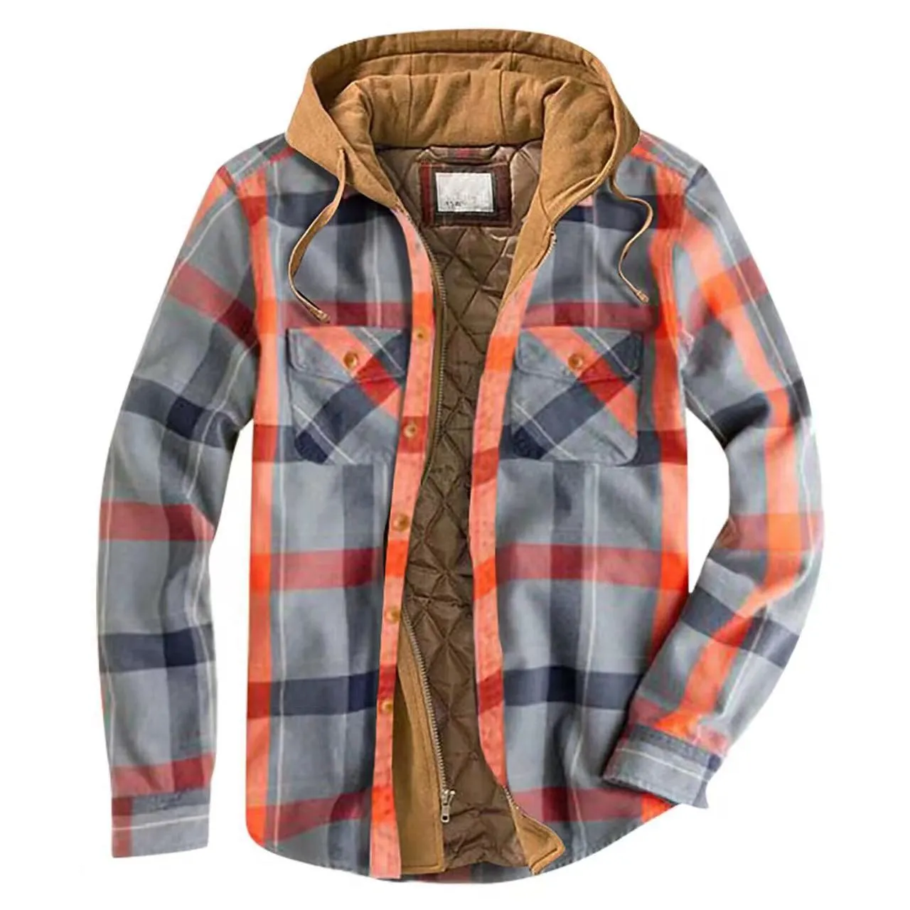 Men's Cotton Flannel Padded-lined Design Print Loose-fitting Long-sleeve Hoodie Coat