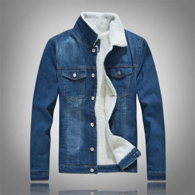 Men's Denim Jacket Warm Winter Casual Bomber Male Korean Style cowboy Jacket Fashion Fleece Vintage Clothing Men Black Jean Coat