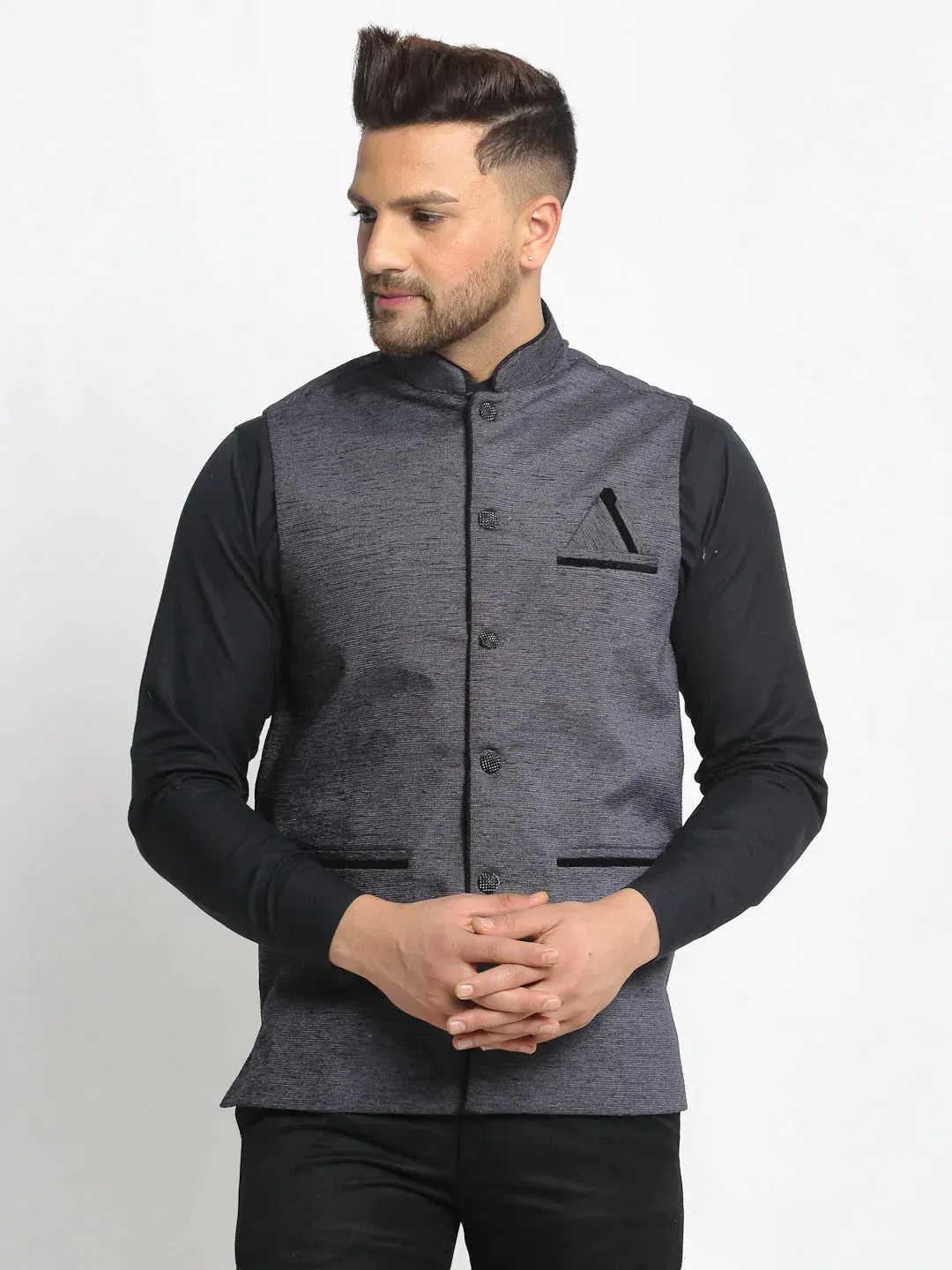 Men'S Grey Solid Nehru Jacket With Square Pocket