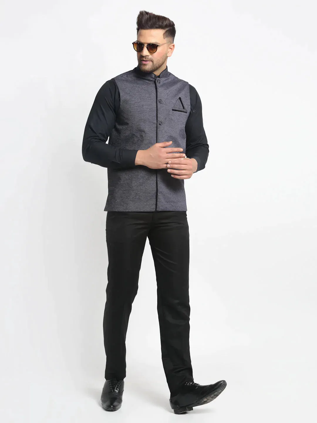 Men'S Grey Solid Nehru Jacket With Square Pocket