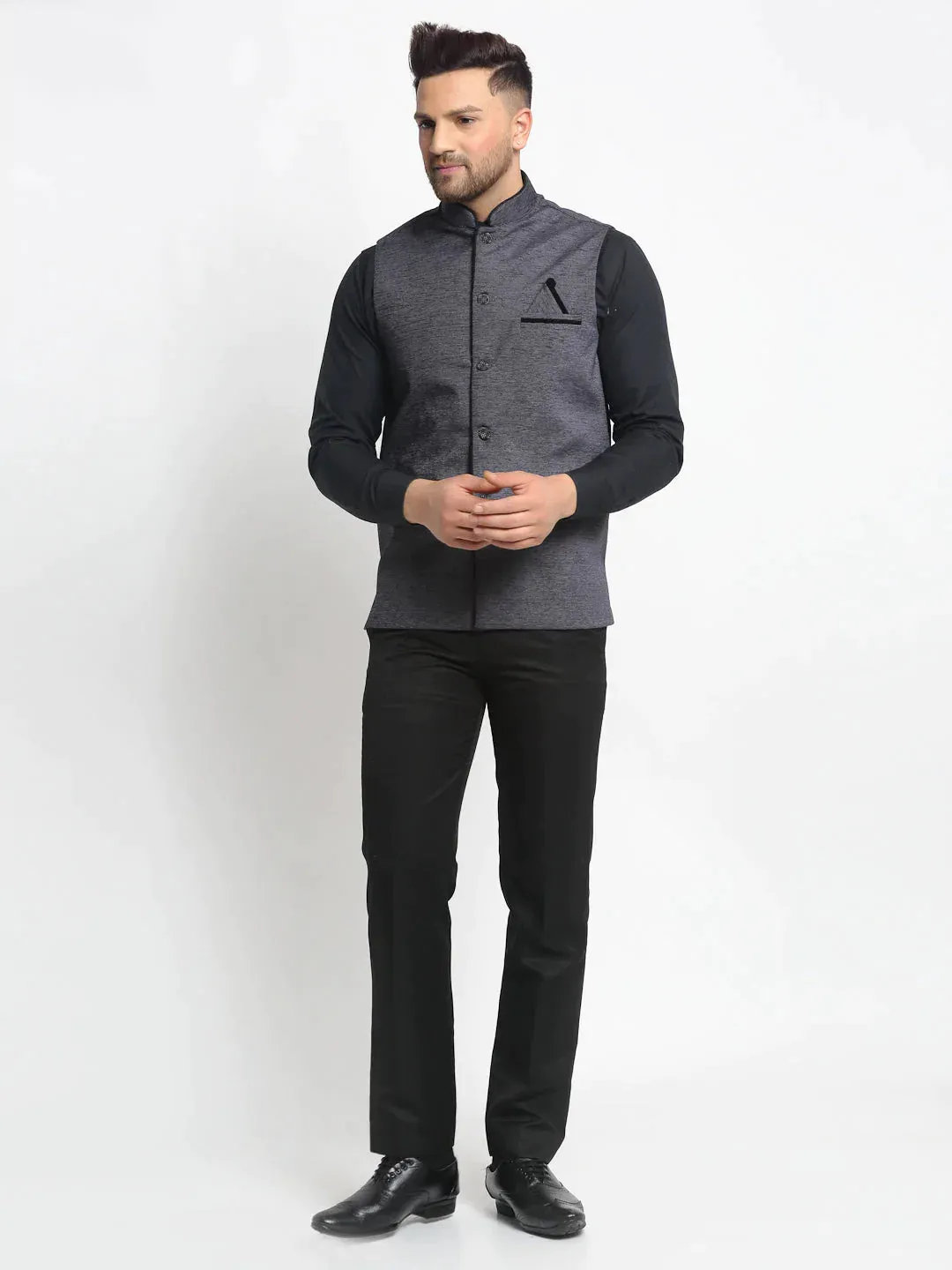 Men'S Grey Solid Nehru Jacket With Square Pocket