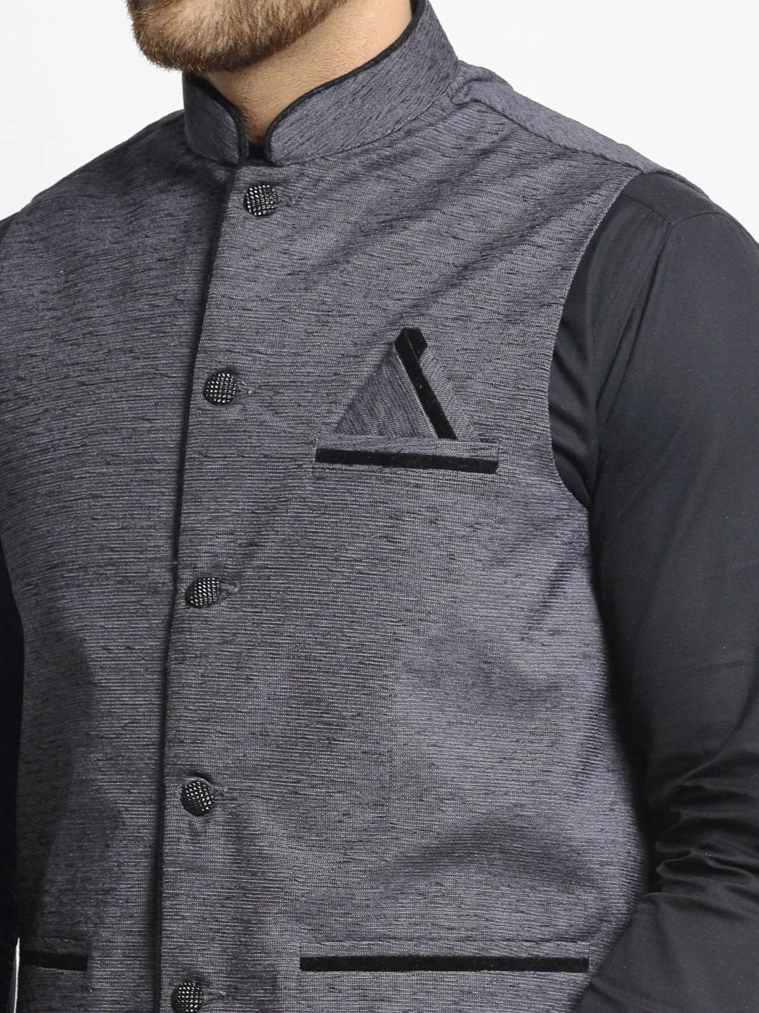 Men'S Grey Solid Nehru Jacket With Square Pocket