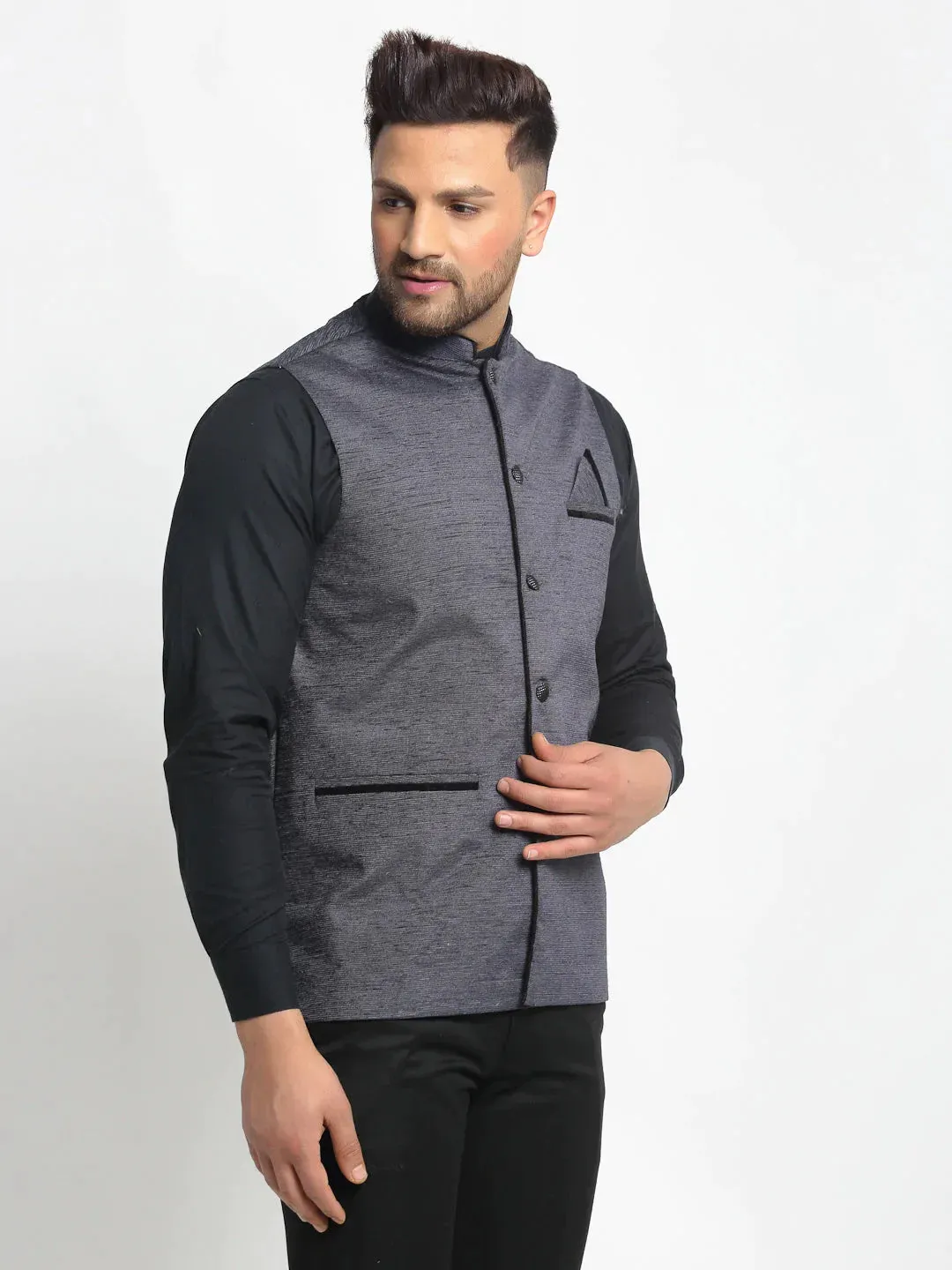 Men'S Grey Solid Nehru Jacket With Square Pocket