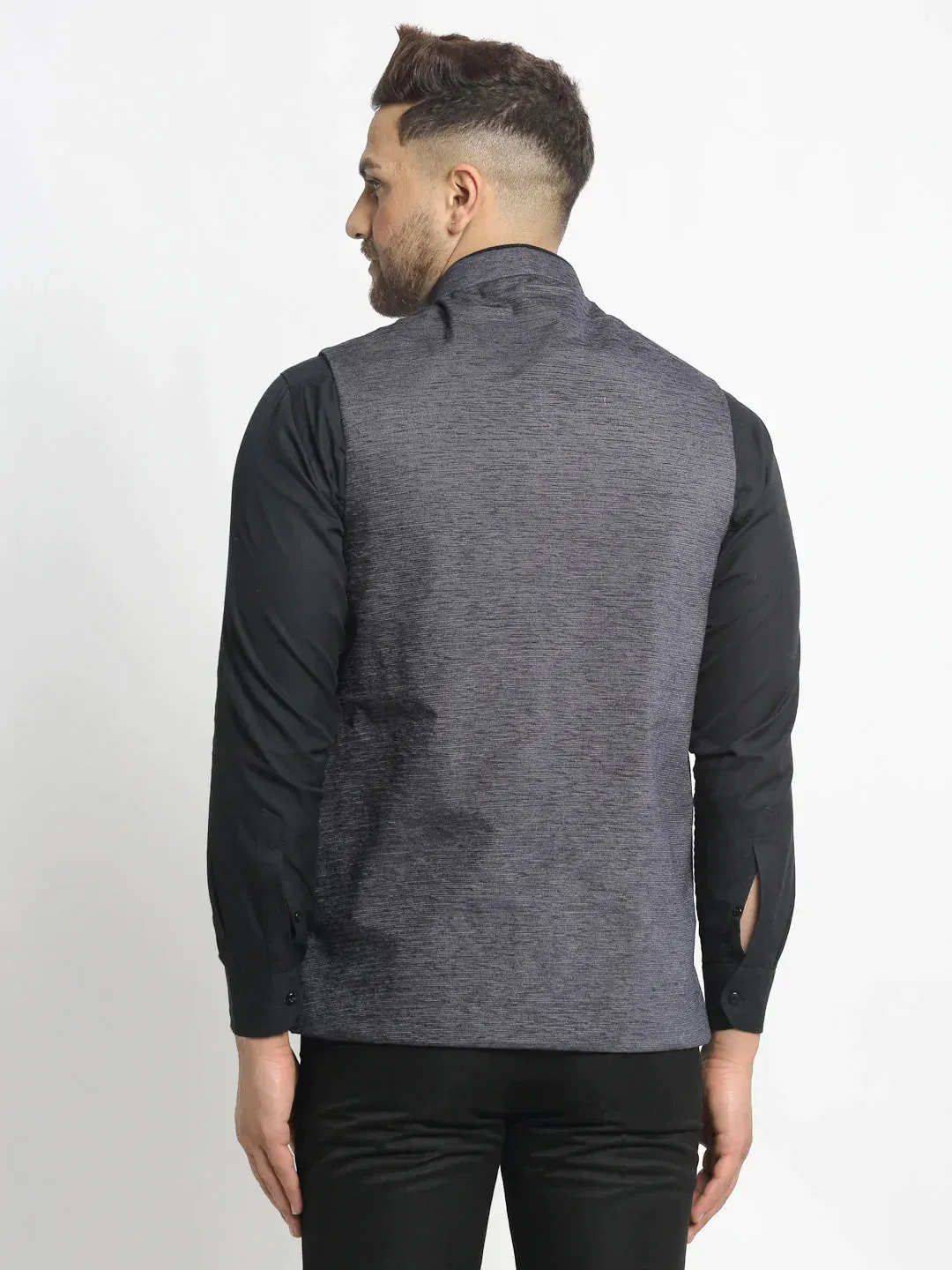 Men'S Grey Solid Nehru Jacket With Square Pocket