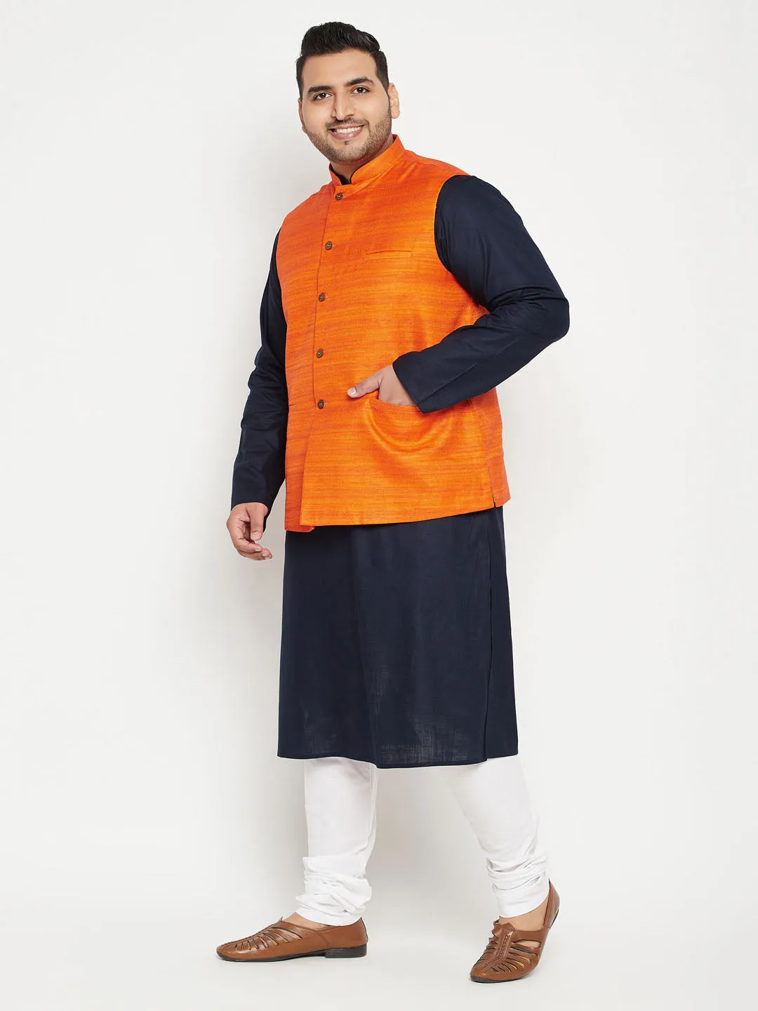 Men's Plus Navy Blue, Orange And White Cotton Blend Jacket Kurta Pyjama Set - Vastramay