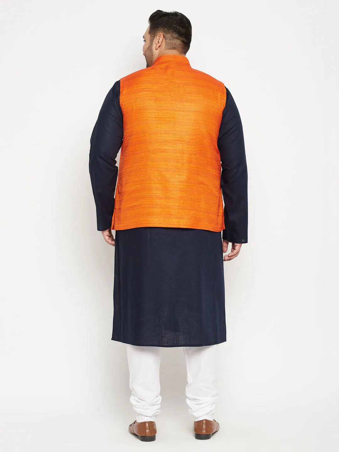 Men's Plus Navy Blue, Orange And White Cotton Blend Jacket Kurta Pyjama Set - Vastramay