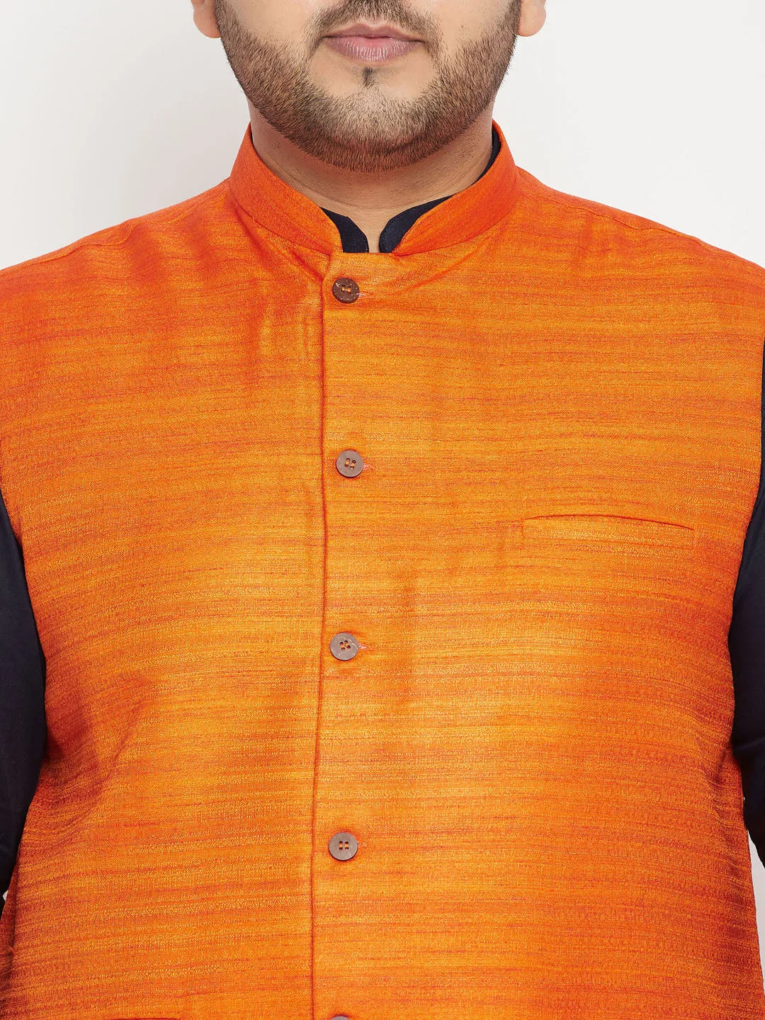 Men's Plus Navy Blue, Orange And White Cotton Blend Jacket Kurta Pyjama Set - Vastramay