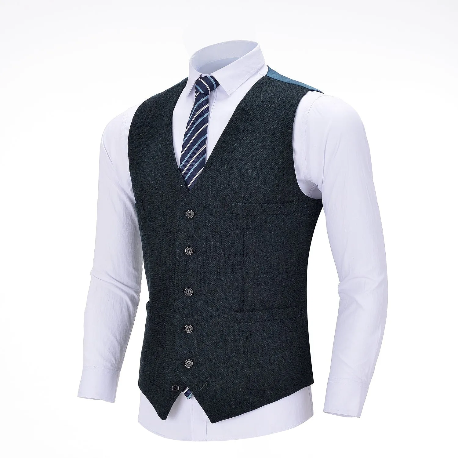 Men's Tweed Herringbone Paneled Satin Vest Slim Fit Waistcoat