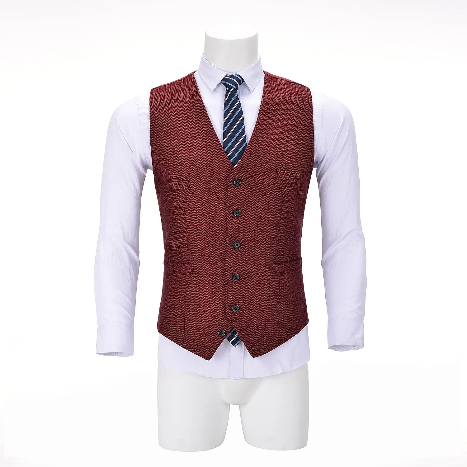 Men's Tweed Herringbone Paneled Satin Vest Slim Fit Waistcoat