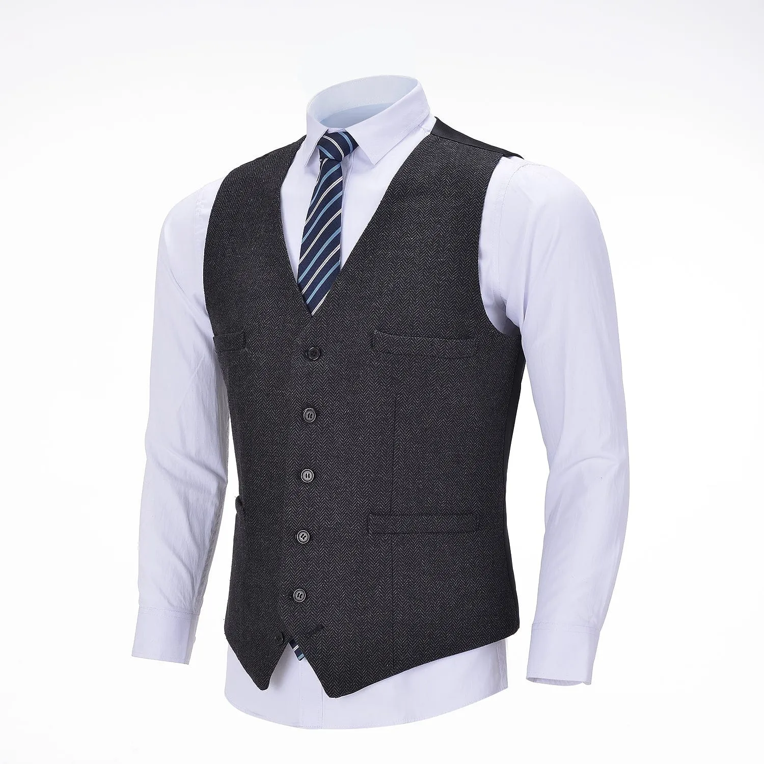 Men's Tweed Herringbone Paneled Satin Vest Slim Fit Waistcoat