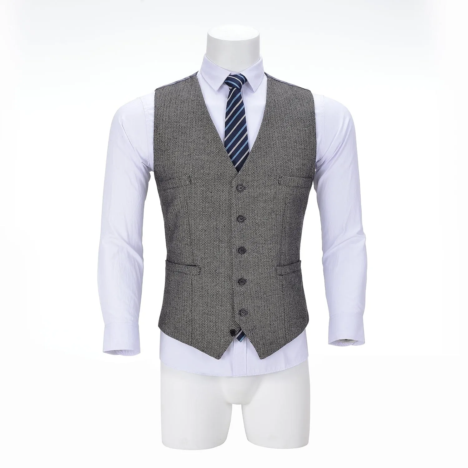 Men's Tweed Herringbone Paneled Satin Vest Slim Fit Waistcoat