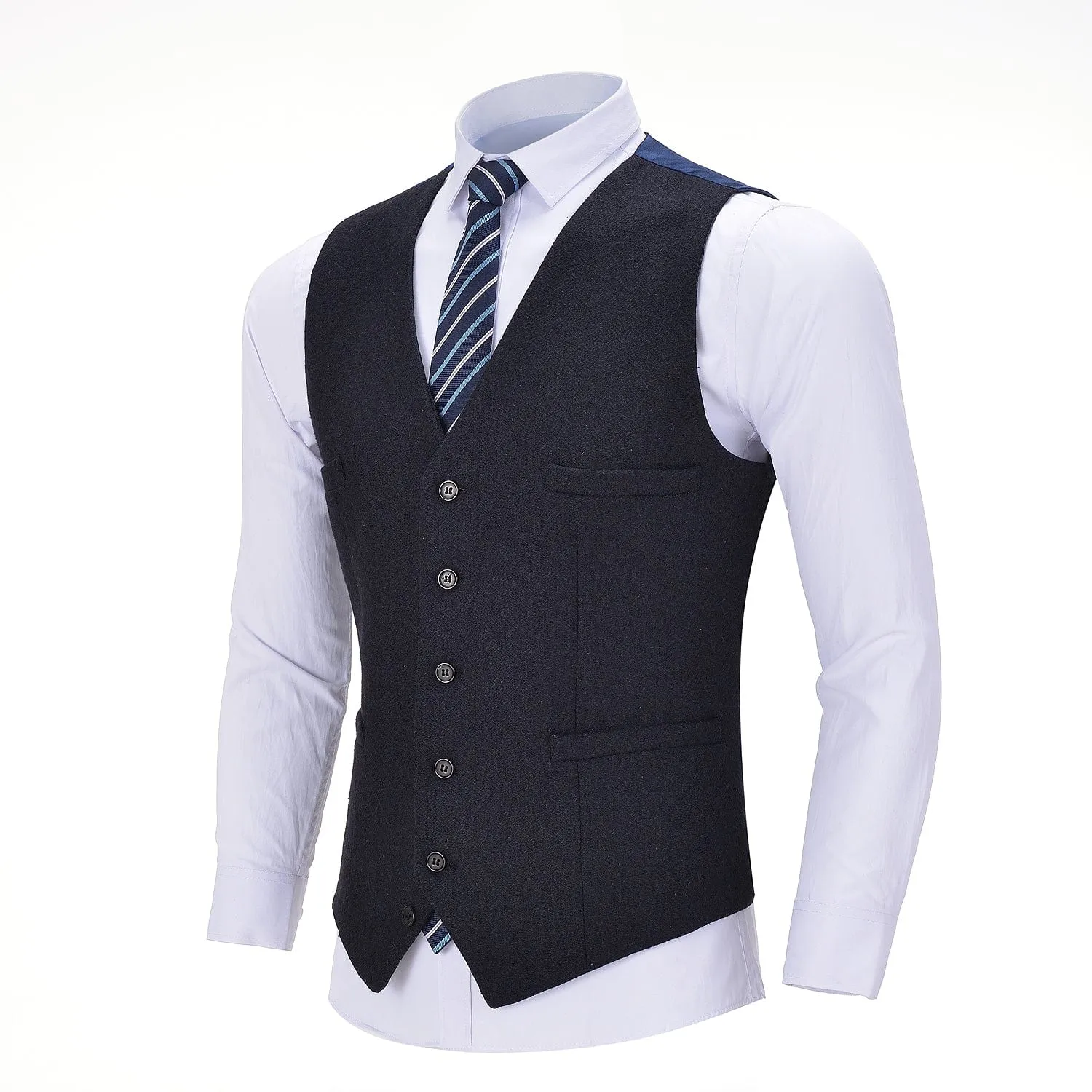 Men's Tweed Herringbone Paneled Satin Vest Slim Fit Waistcoat