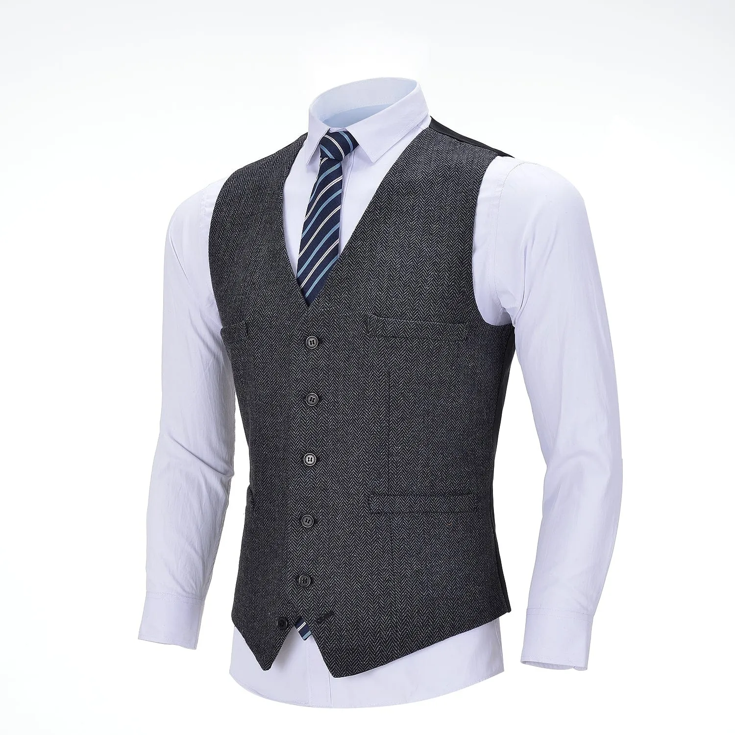 Men's Tweed Herringbone Paneled Satin Vest Slim Fit Waistcoat