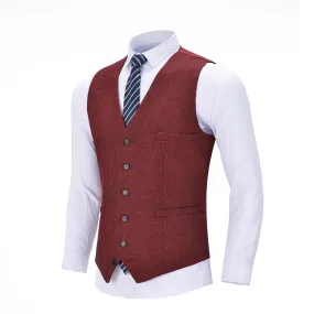 Men's Tweed Herringbone Paneled Satin Vest Slim Fit Waistcoat