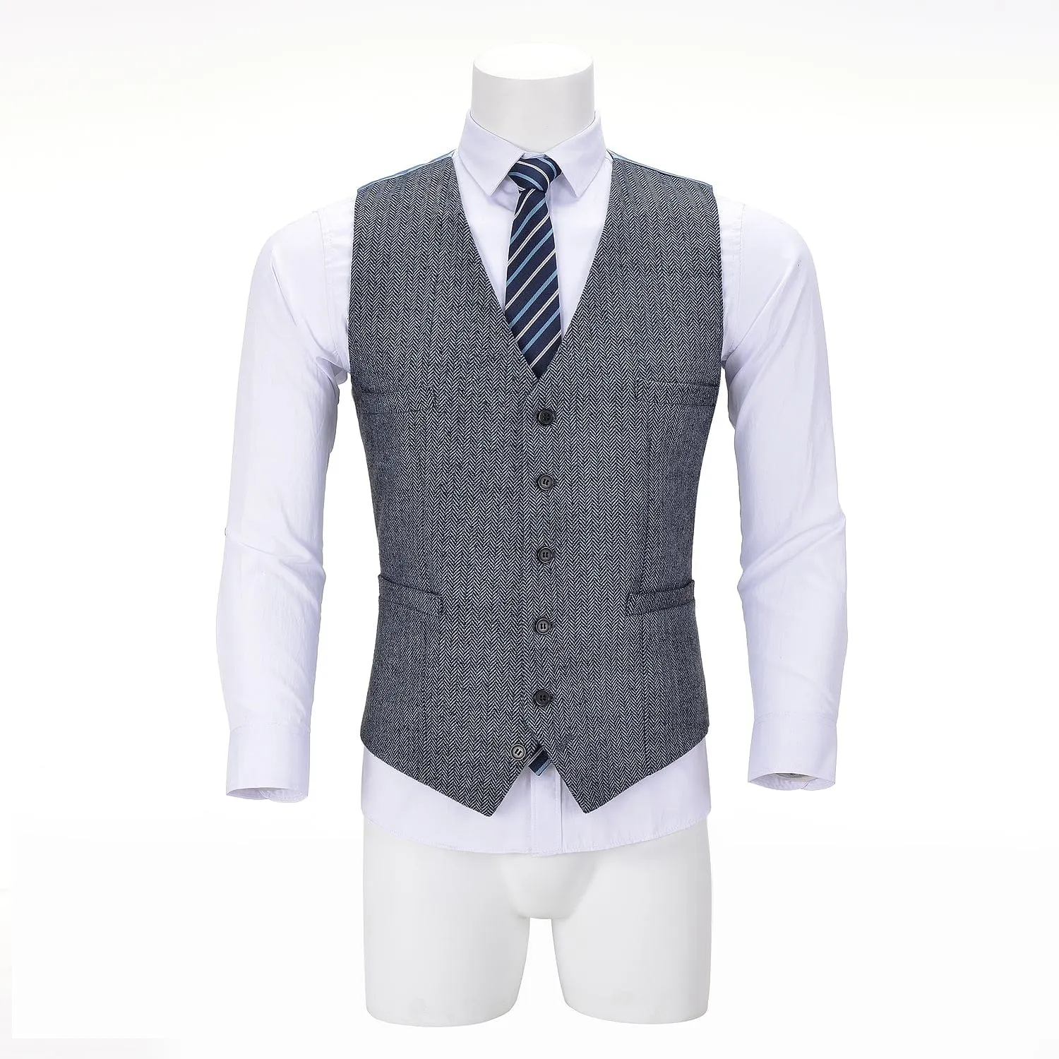 Men's Tweed Herringbone Paneled Satin Vest Slim Fit Waistcoat