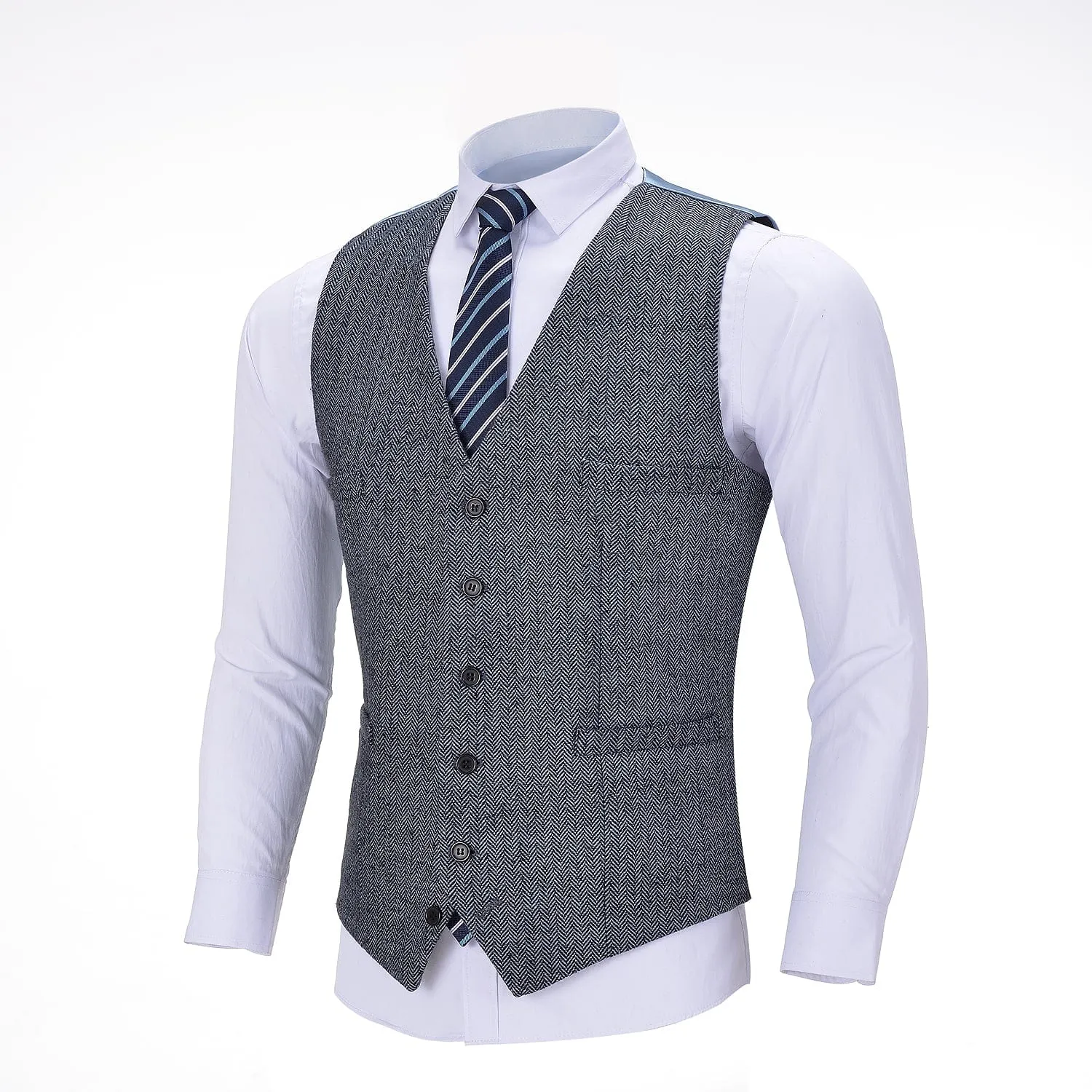 Men's Tweed Herringbone Paneled Satin Vest Slim Fit Waistcoat