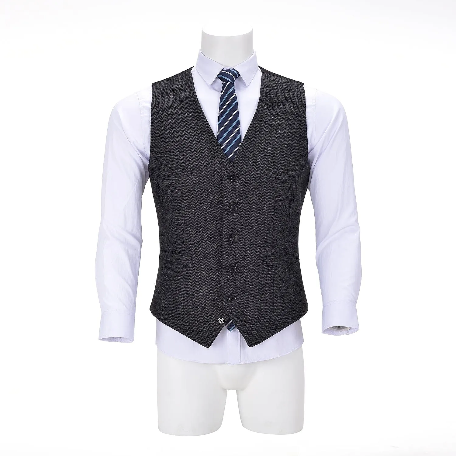 Men's Tweed Herringbone Paneled Satin Vest Slim Fit Waistcoat