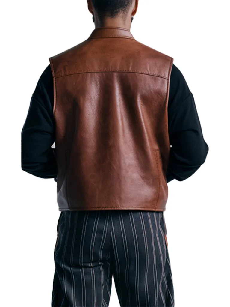 Men's Vintage Motorcycle Style Brown Leather Vest