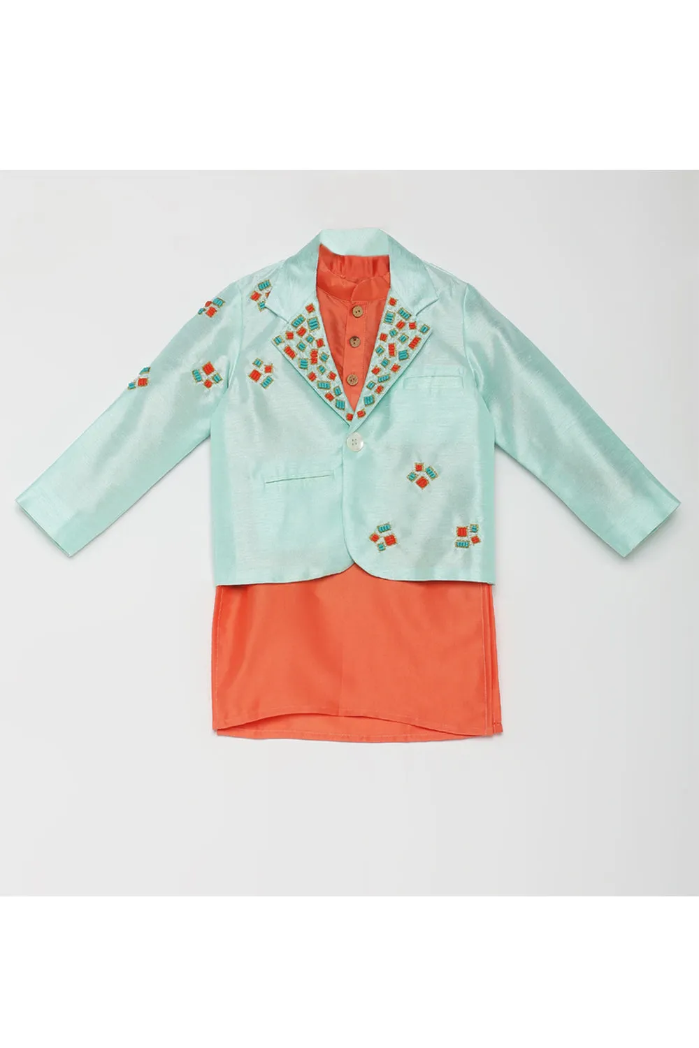 Mint Blue Sequins Work Blazer With Peach Kurta Pant Set