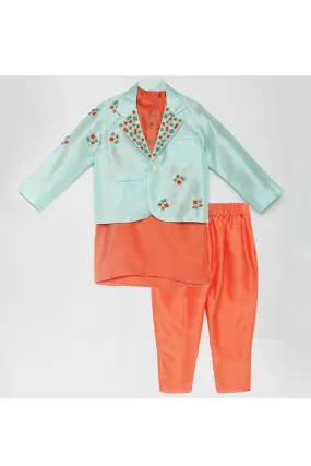 Mint Blue Sequins Work Blazer With Peach Kurta Pant Set