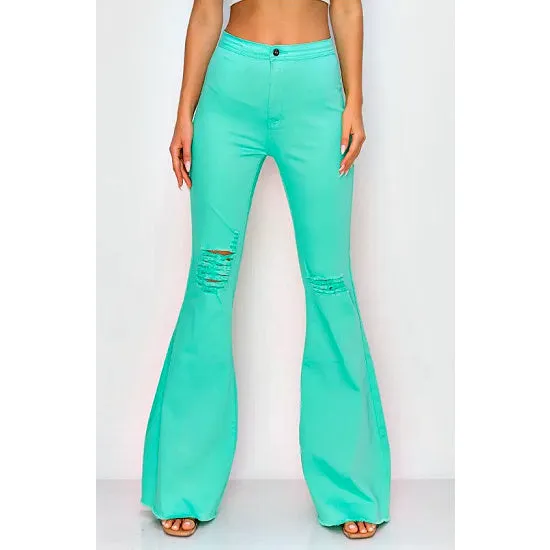 Mint Distressed High Waist Bell Pants