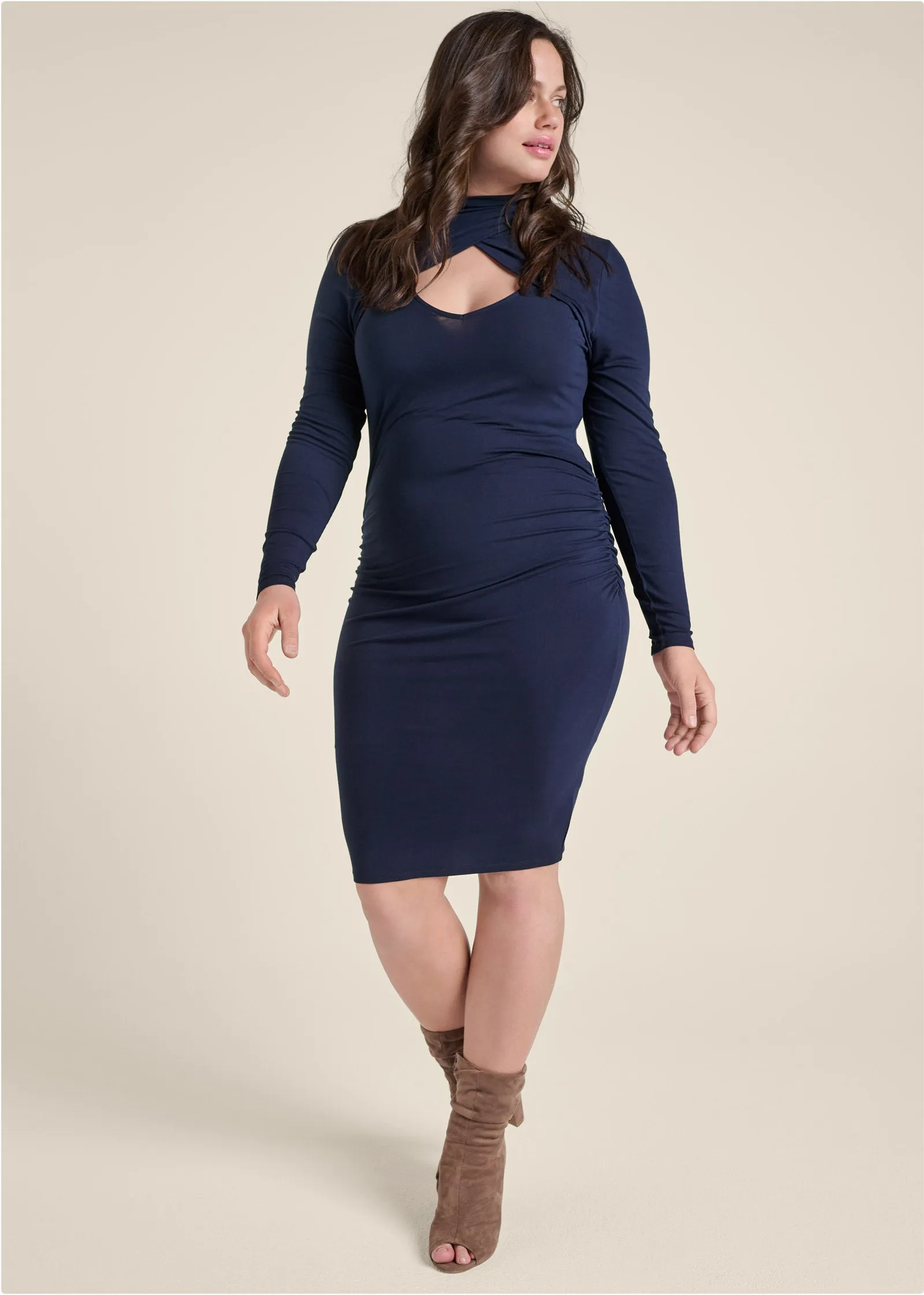 Mock-Neck Casual Dress  - Navy