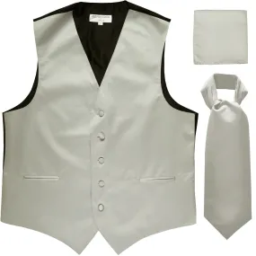 New Men's formal vest Tuxedo Waistcoat ascot hankie set wedding prom silver